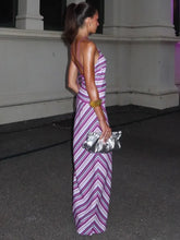 Purple Striped Halter Print Maxi Dress